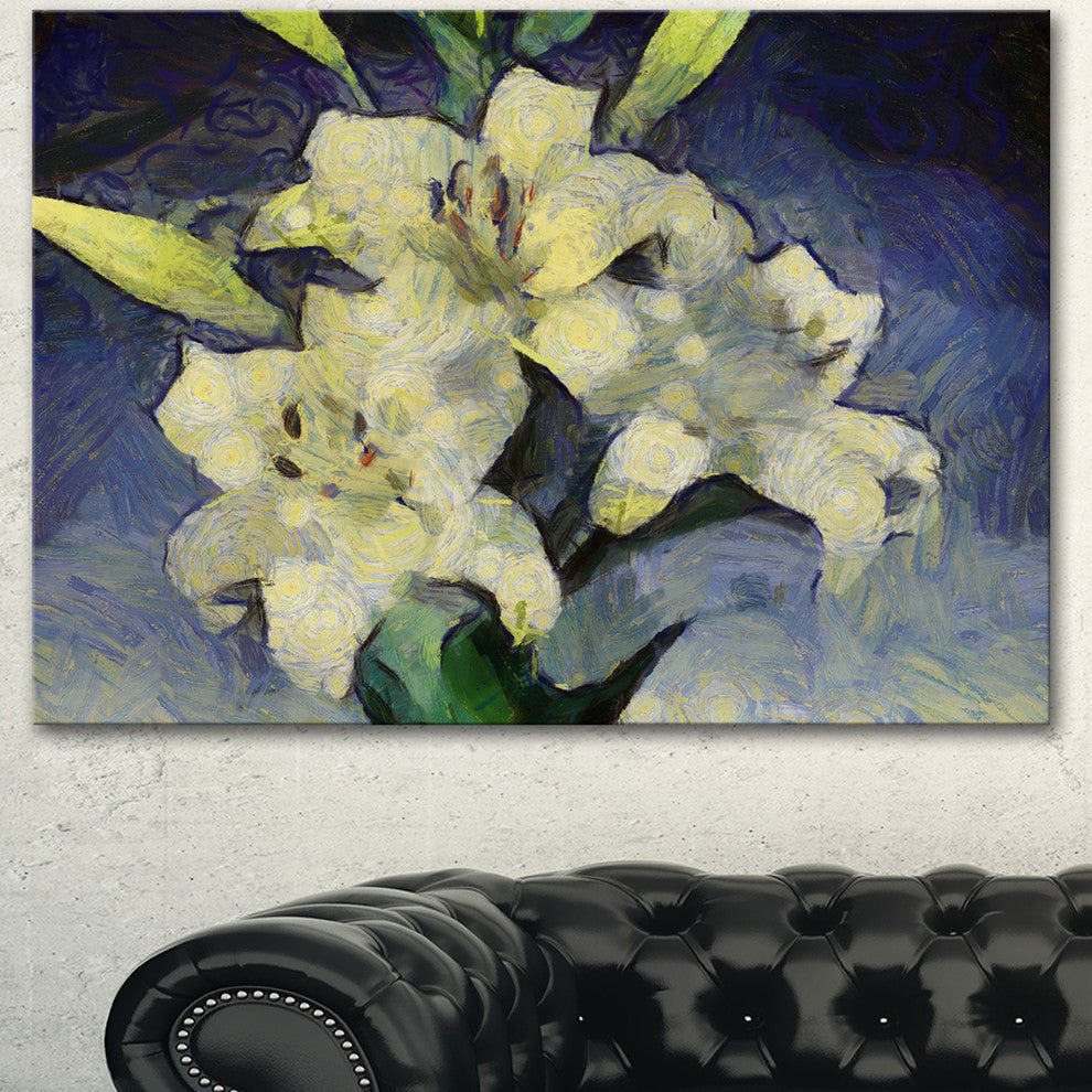 White Lilies on Blue Watercolor, Floral Canvas Art Print, 40"x30"