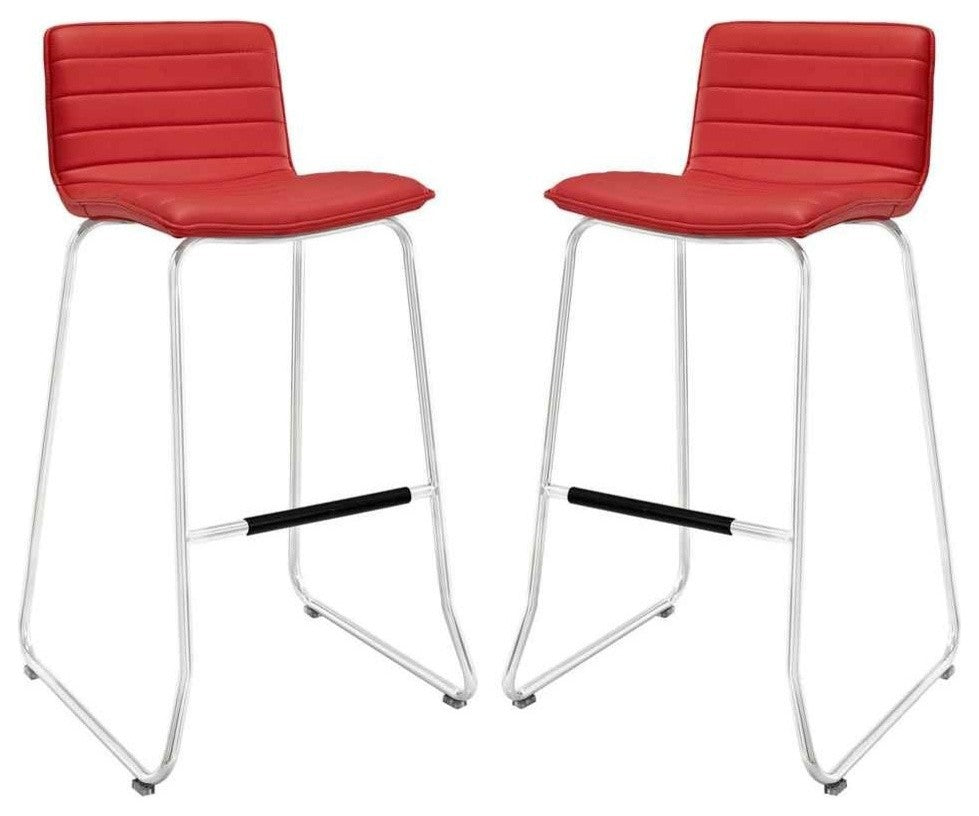 Modern Urban Contemporary Bar Stool Set of 2, Red Faux Leather