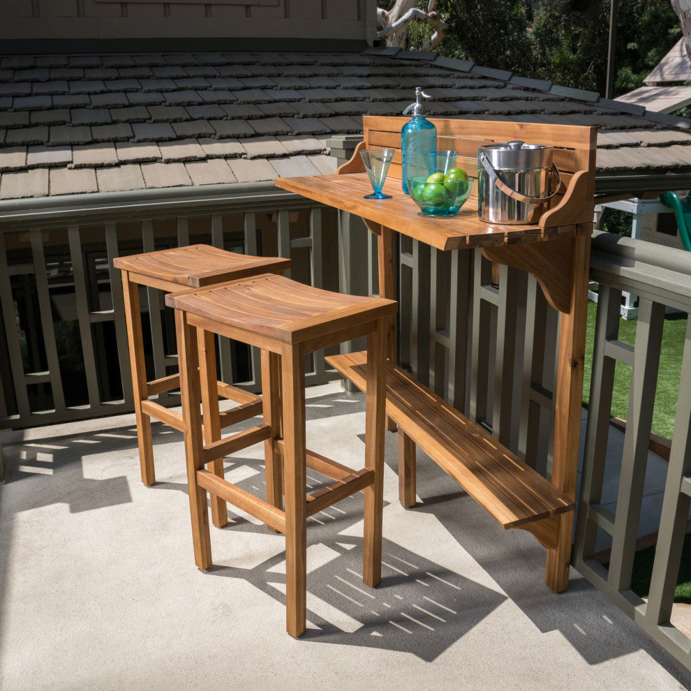 GDF Studio 3-Piece Cassie Outdoor Acacia Wood Balcony Bar Set, Natural Stained