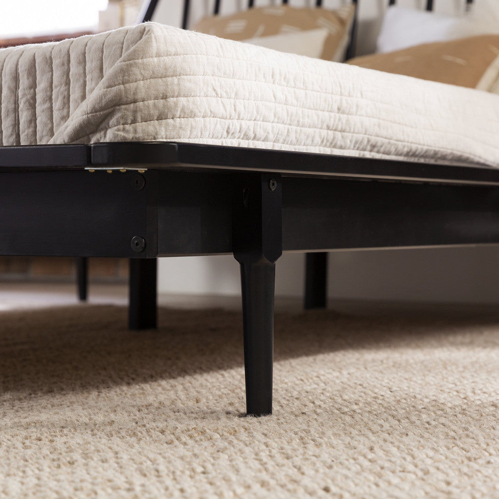 Queen Size Platform Bed, Pine Wood Construction With Spindle Headboard, Black