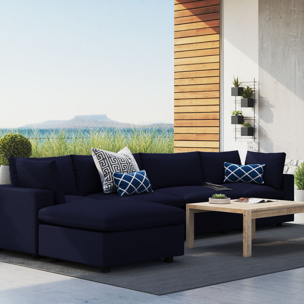 Modular Sectional Deep Sofa Chair Set, Sunbrella, Blue Navy, Outdoor Patio
