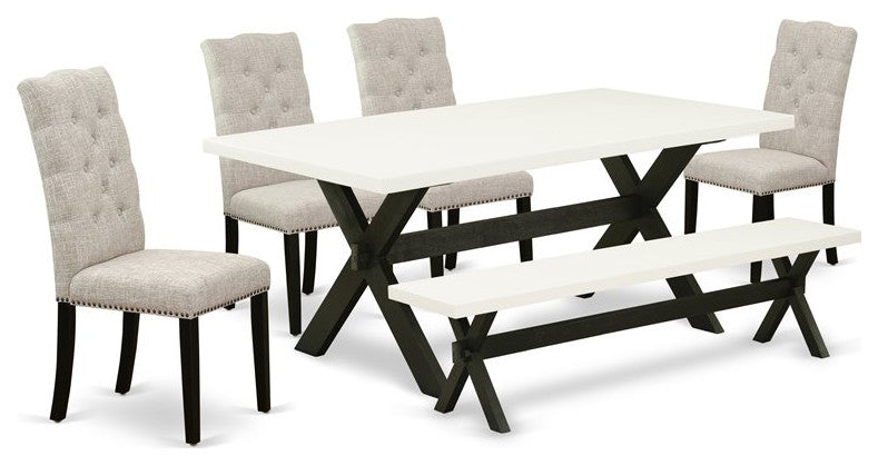 6-Piece Set, Chairs, Bench and Top Table With Wooden Legs-Linen White/Black