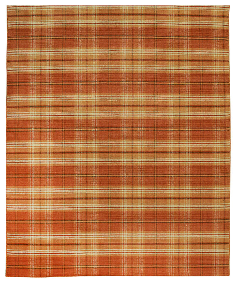 EORC Orange Hand Knotted Wool Plaid Rug, 8'x10'