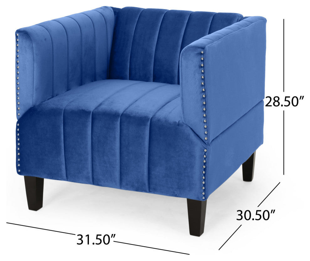 Judson Channel Stitch Velvet Club Chair, Navy Blue, Dark Brown