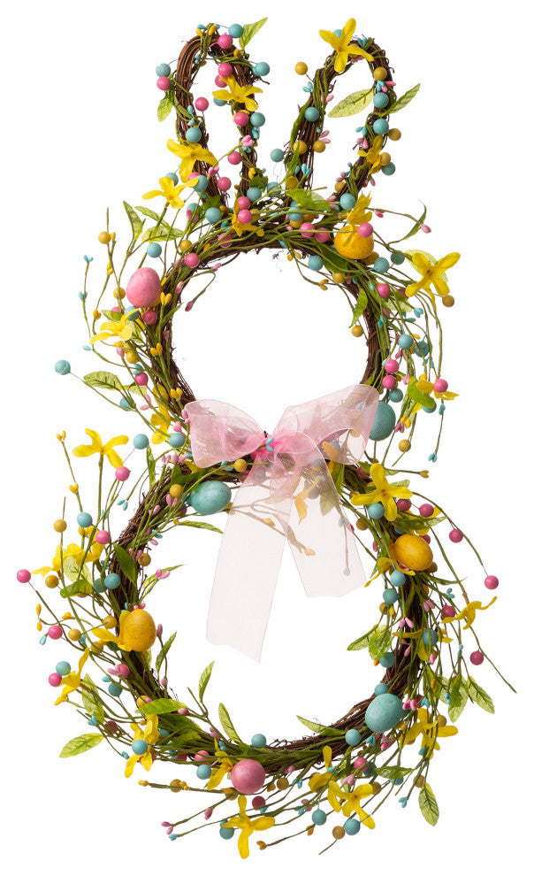 24.5"H Easter Bunny Shaped Wreath With Eggs and Satin Ribbon Bow