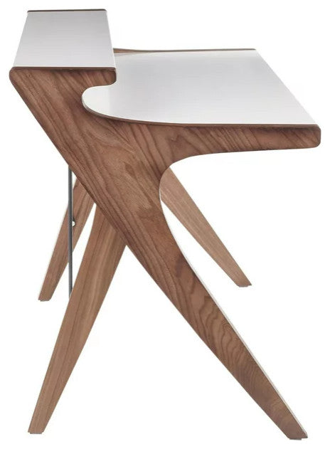 Contemporary Desk, X-Shaped Legs With Wooden Top & Open Shelf, Walnut/White