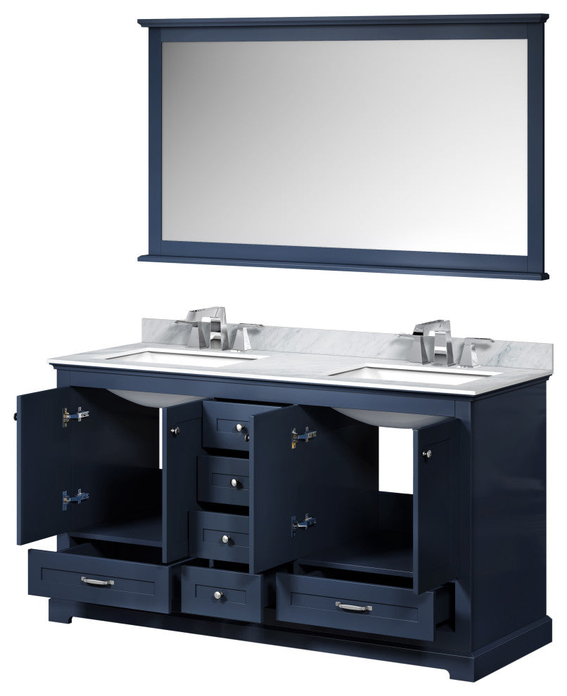 Dukes 60" Navy Blue Double Vanity, White Square Sinks, 58" Mirror With Faucets
