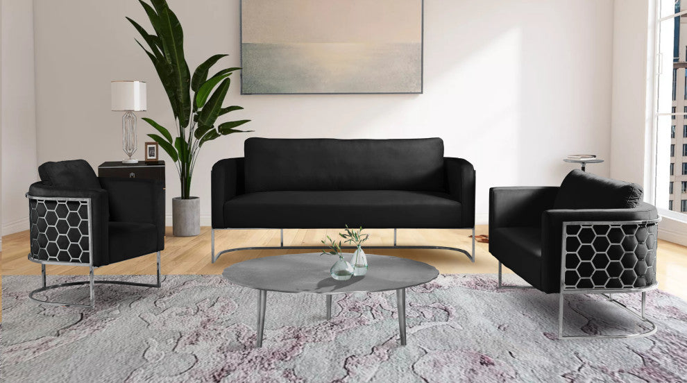Casa Velvet Upholstered Sofa, Black, Chrome Finish