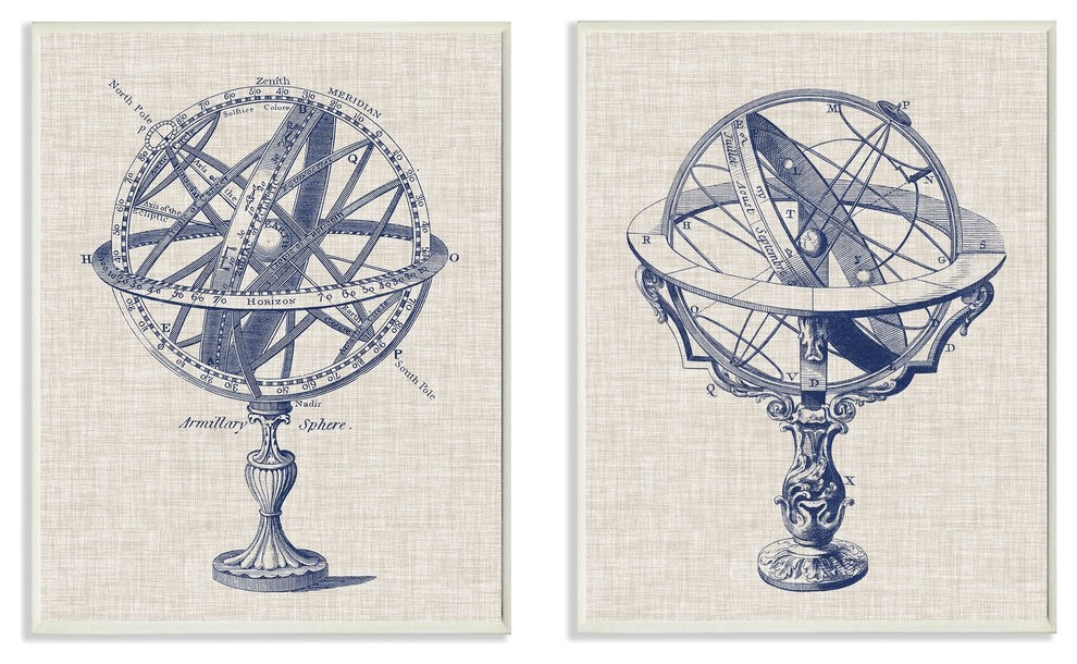 Armillary Sphere Diagram Illustrations 2-Piece Wall Plaque Art Set, 10"x15"