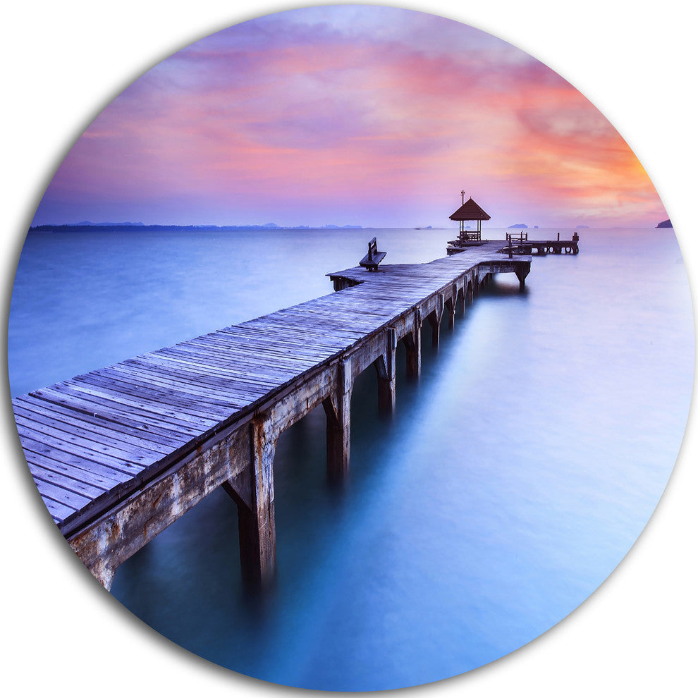 Wooden Bridge Over Blue Waters, Sea Pier Large Disc Metal Wall Art, 11"