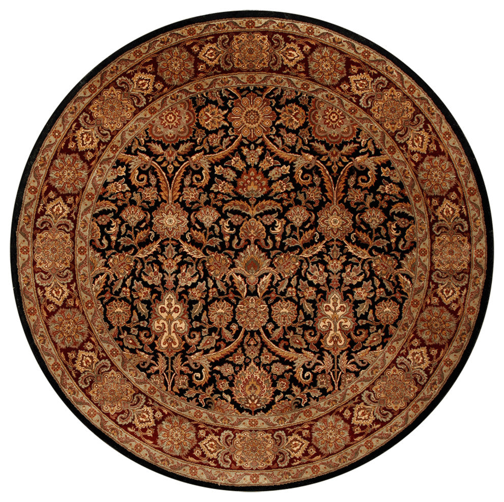 Agra Piaf Traditional Floral Black Hand Knotted Wool Rug 8' Round