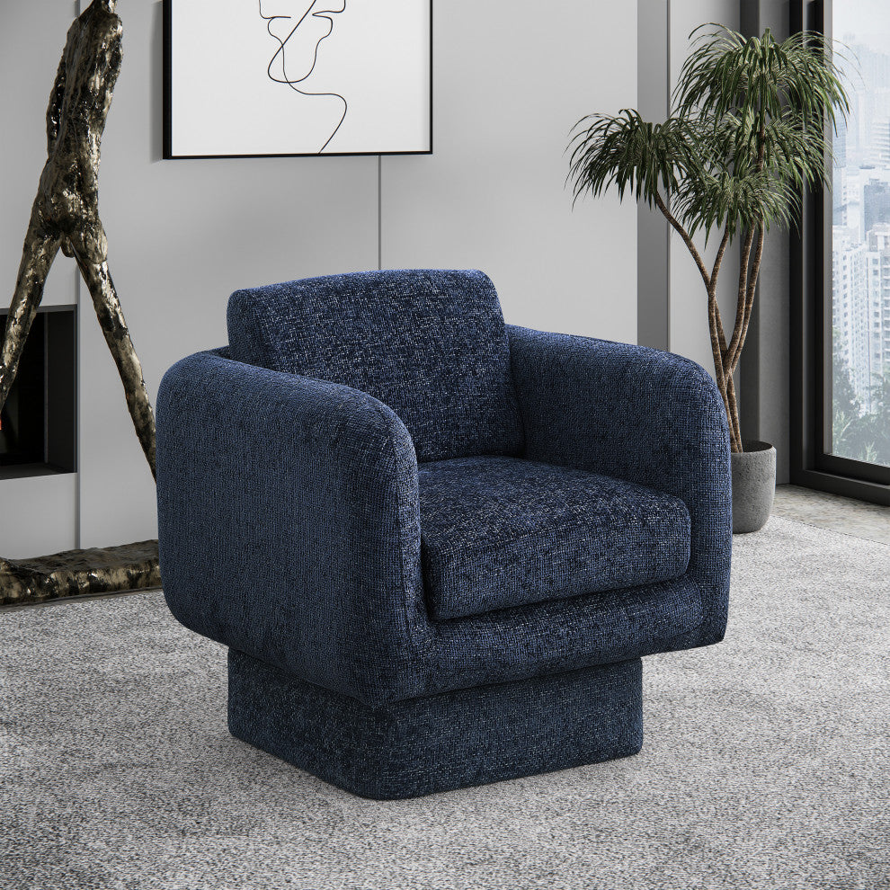 Alessandra Cream Chenille Fabric Swivel Accent Chair, Navy