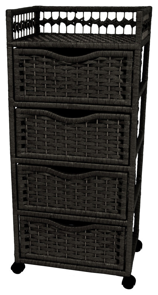 38" Natural Fiber Chest of Drawers on Wheels, Black