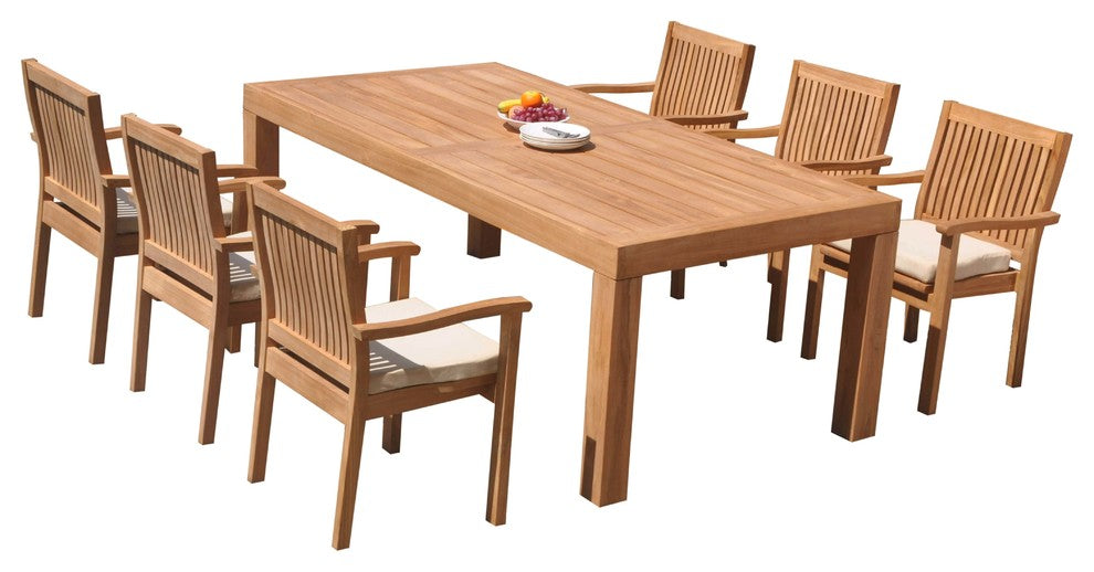 7-Piece Outdoor Teak Dining Set: 86" Rectangle Table, 6 Leveb Stacking Arm Chair