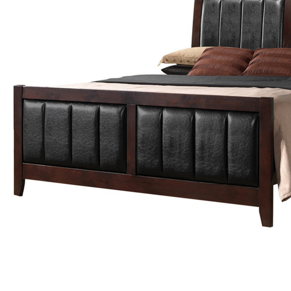 Benzara BM216113 Leatherette Padded Queen Size Bed With Vertical Channels, Brown