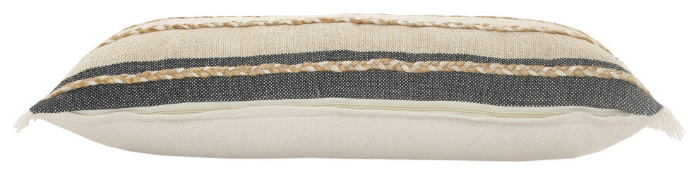 Atlantis Black and Taupe Throw Pillow with Jute Braiding and Fringe, 14" X 36"