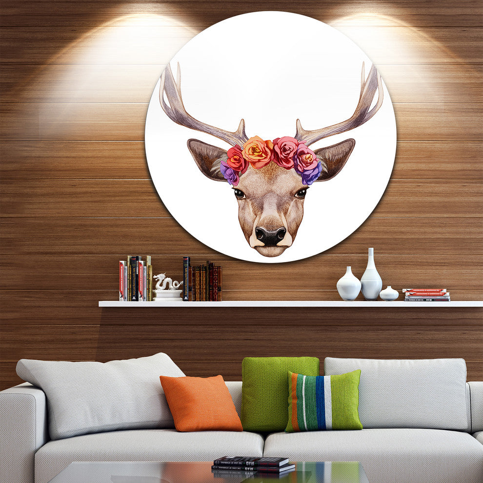 Deer Portrait With Floral Head, Deer Round Wall Art, 11"