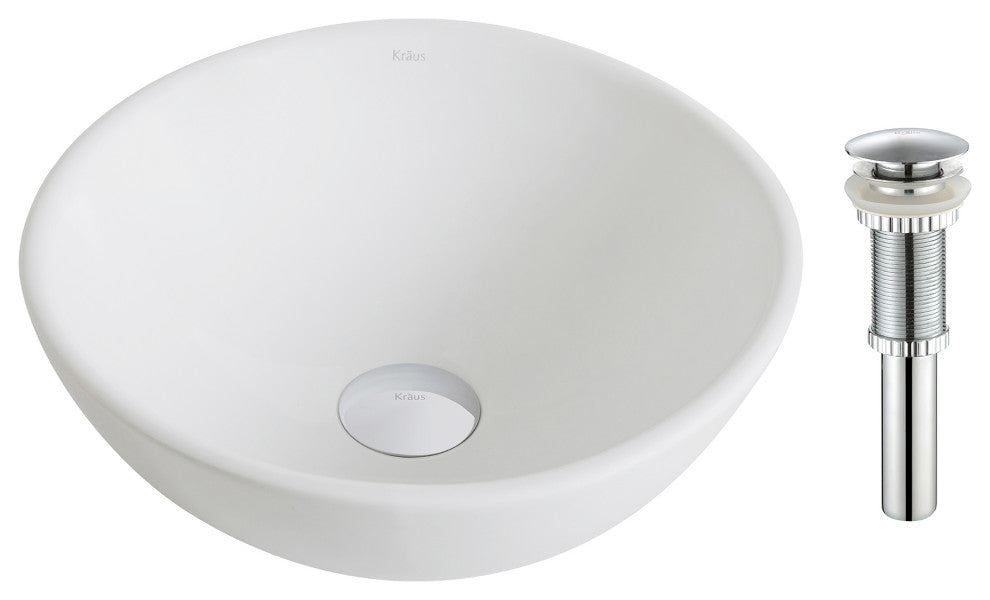 Elavo Ceramic Round Vessel White Sink, PU Drain Chrome