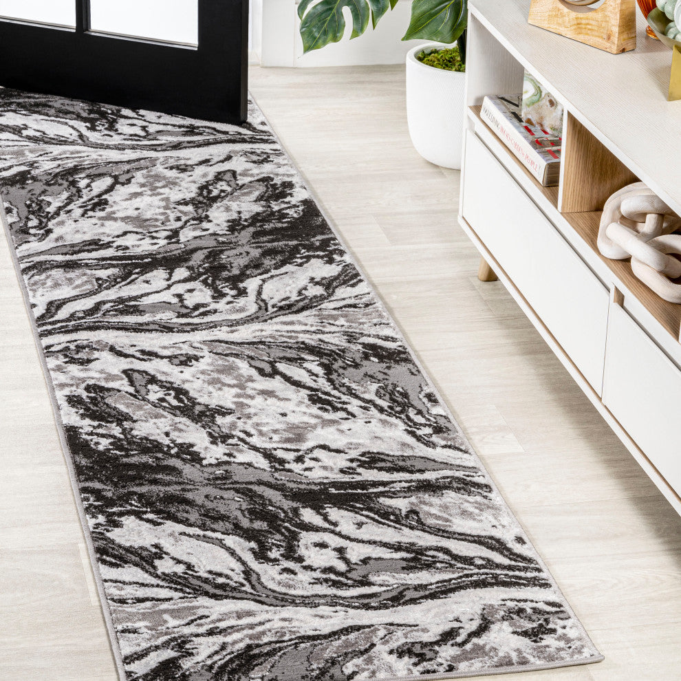 Swirl Marbled Abstract Area Rug, Black/Ivory, 2 X 8
