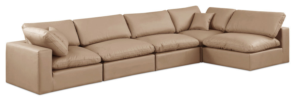 Comfy Upholstered L-Shaped Modular Sectional, Tan, 5-Piece: 3 Armless Chair, 2 Corner Chair, Vegan Leather