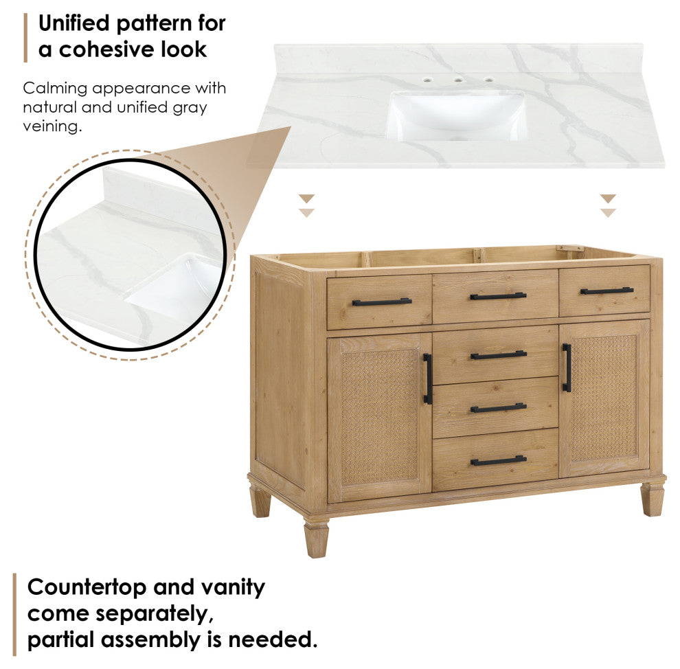 Solana Bathroom Vanity with Calacatta White Quartz Stone Countertop, Weathered Fir, 48", Without Mirror