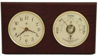 Brass Quartz Clock and Barometer/Thermometer on Mahogany