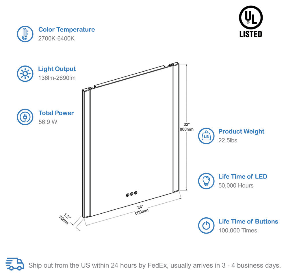LED Antifog Bathroom Mirror, Dimmer, Adjustable Color, Matte Black, 24x32