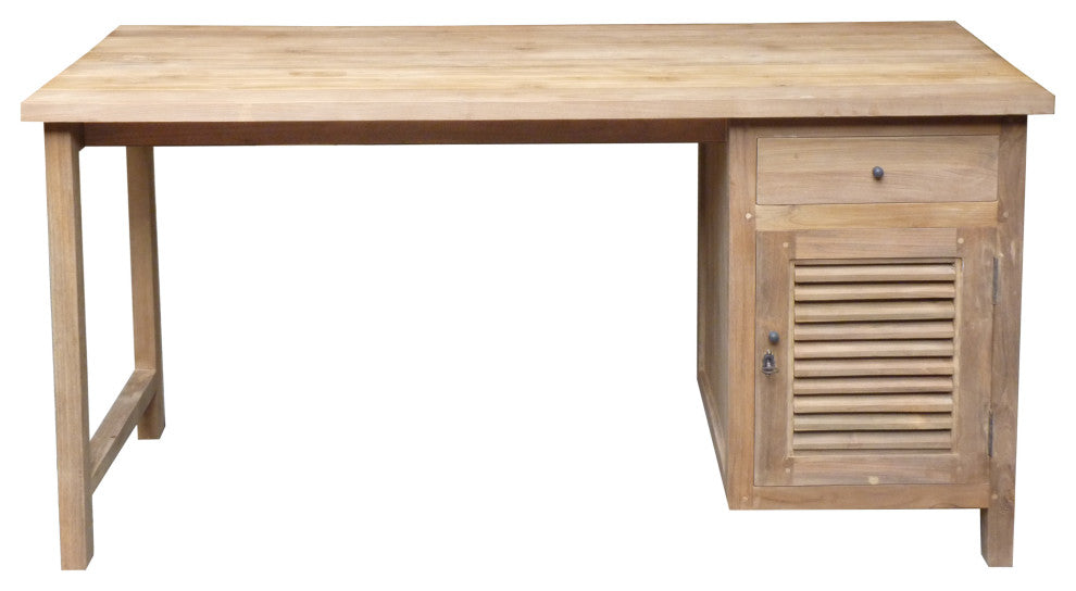 Recycled Teak Wood Louvre Writing Desk with 1 Door & Drawer