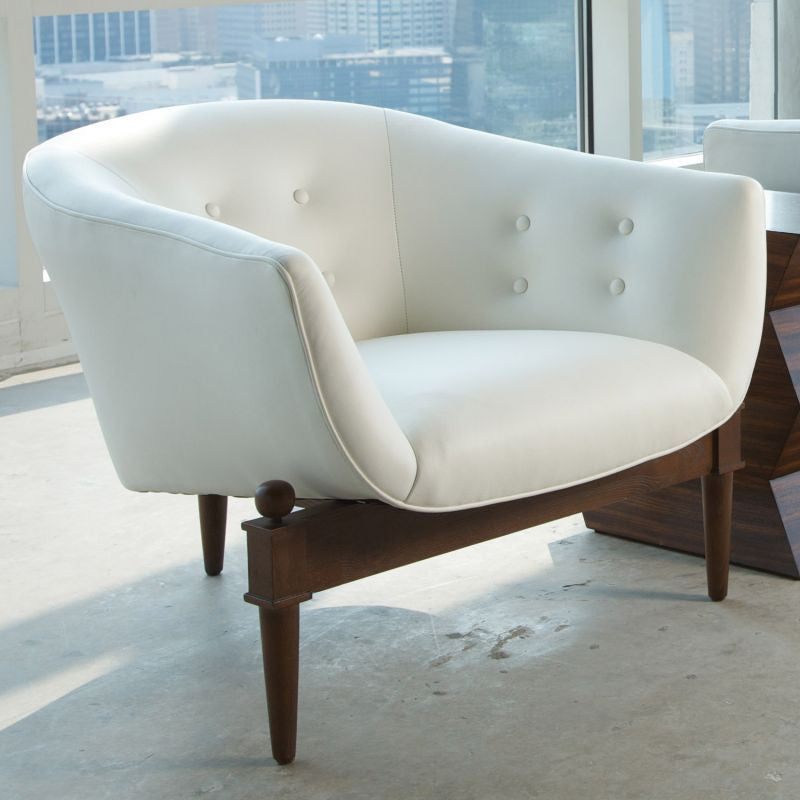 Luxe Mid Century Modern White Leather Club Chair  Round Barrel Minimalist Retro