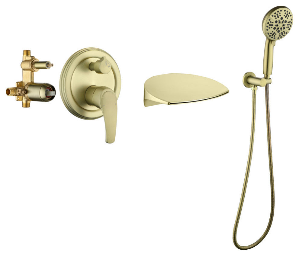 Wellfor Wall Mount Shower Faucet Set, Handheld Shower and Waterfall Spout, Brushed Gold