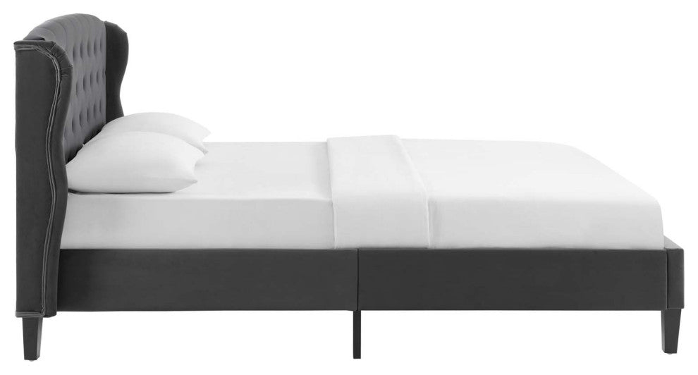 Penelope Tufted Wingback Queen Performance Velvet Platform Bed-Charcoal