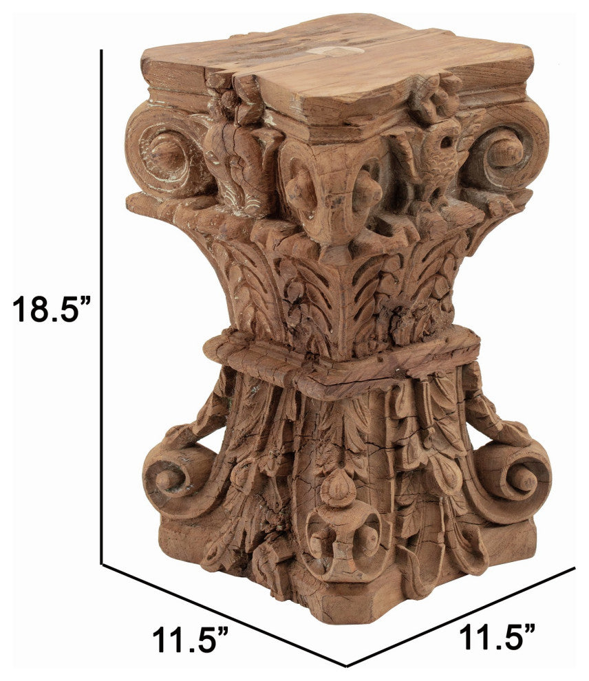 Benzara BM285223 Classic Stool Table, Carved Pillar Accent, Wood, Antique Brown