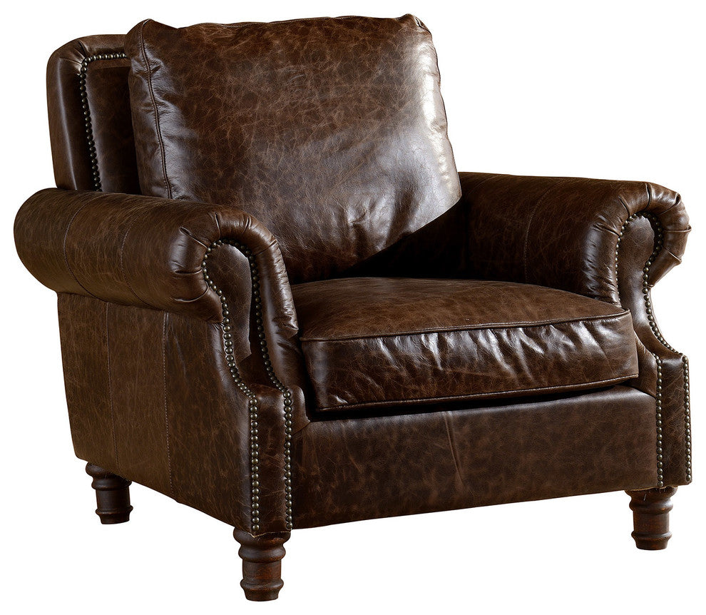 Leather English Rolled Arm, Arm Chair, Dark Brown Leather
