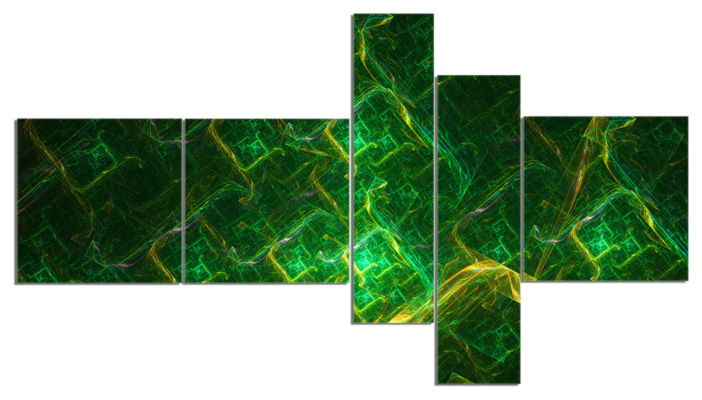Green Fractal Electric Lightning, Abstract Art on Canvas, 60"x32", 5 panels