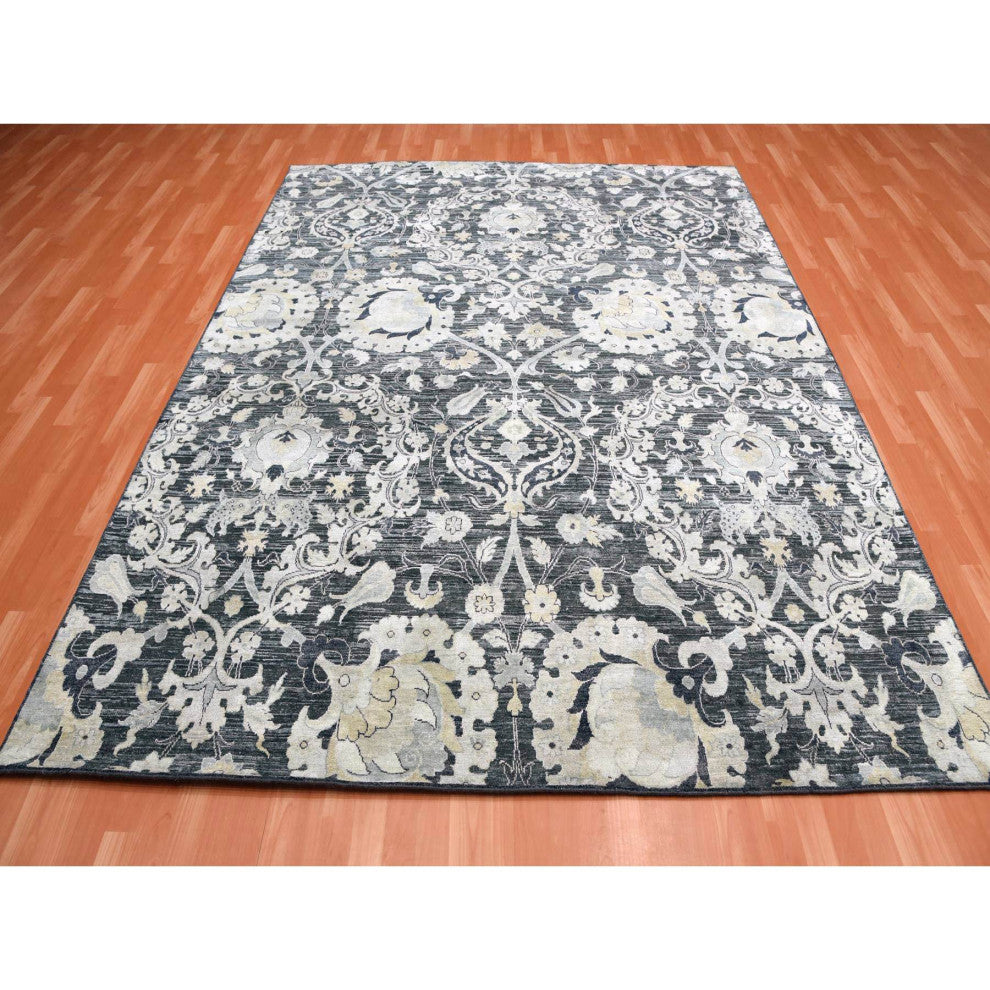 Gray/Blue Tulip and Large Blossom Textured Wool Hand Knotted Rug, 8'2"x10'0"