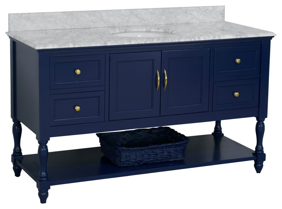 Beverly 60" Bath Vanity, Royal Blue, Carrara Marble, Single Vanity