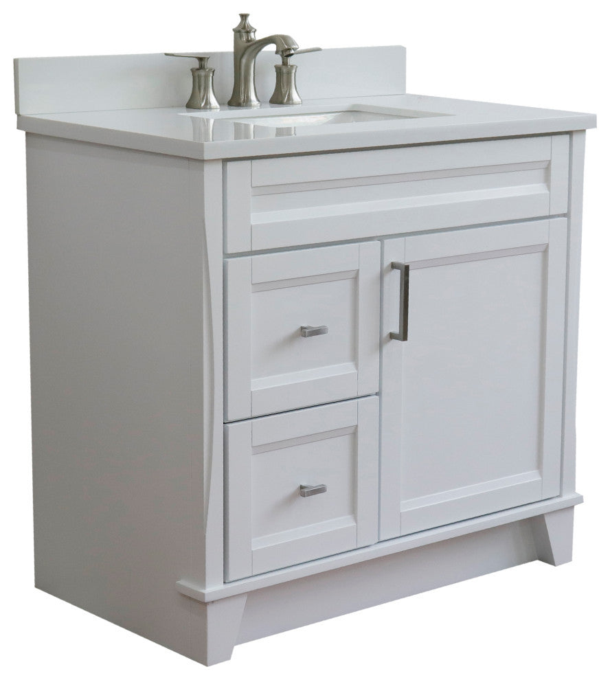 37" Single Sink Vanity, White Finish With White Engineered Stone Top