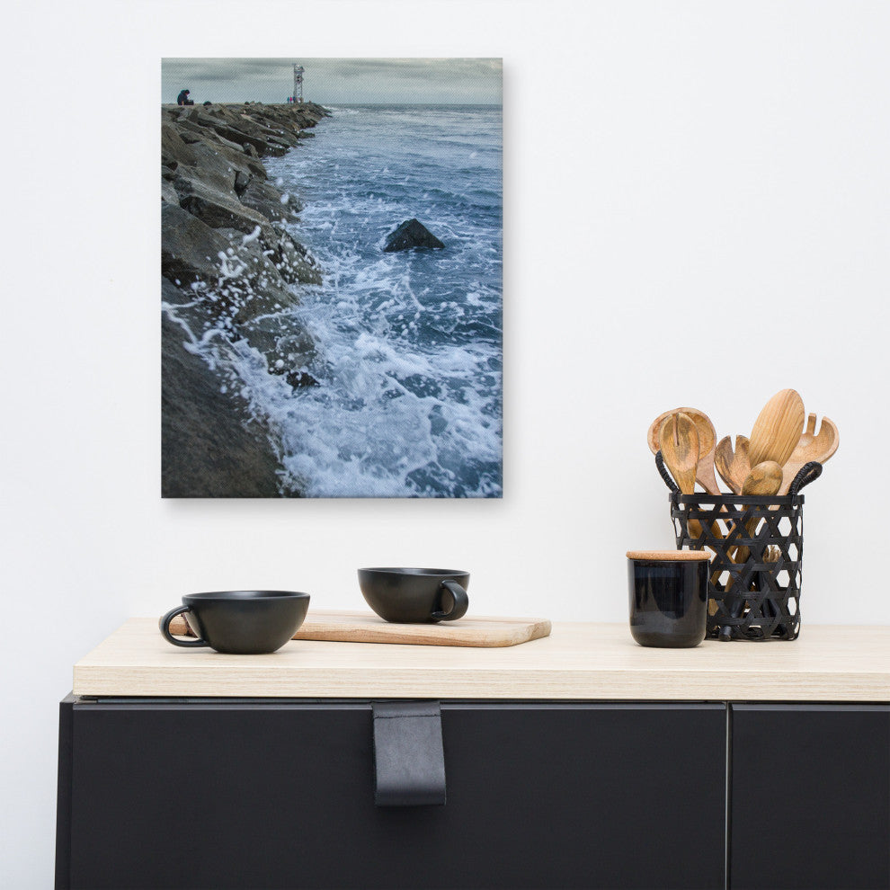 Splashing on the Jetty Coastal Landscape Photo Canvas Wall Art Print, 16" X 20"