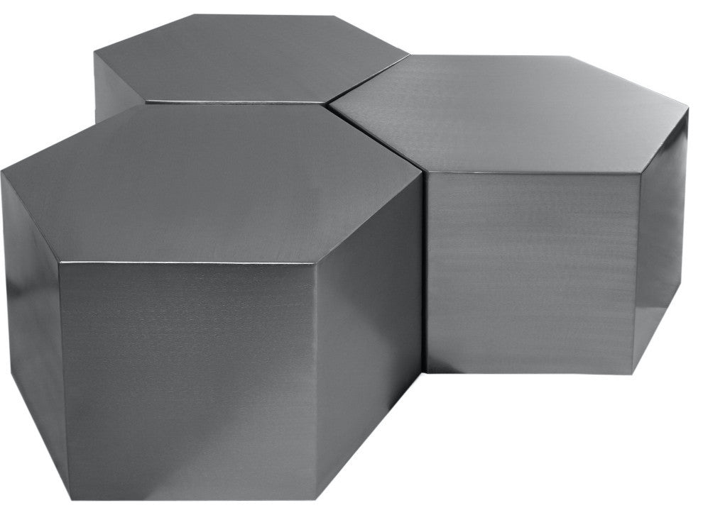 Hexagon Coffee Table, Brushed Chrome, 3 Piece