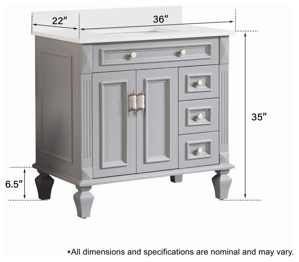 Solid Wood Bathroom Vanity with Quartz Top and cUPC Certified Sink, Titainum Grey, 36 Inch