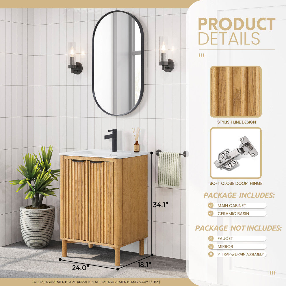 Mumbai Bath Vanity with Ceramic Basin Top without Mirror, Weathering Light Brown, 24", Single Vanity