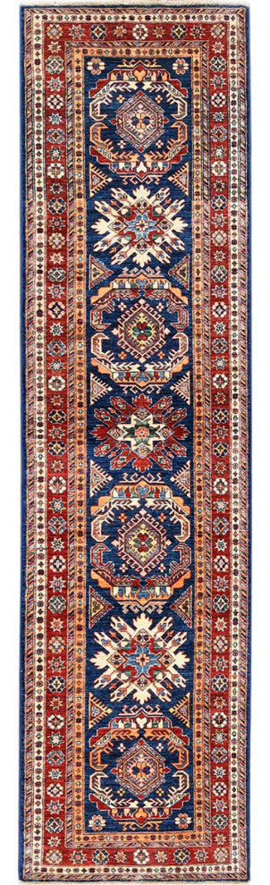 Shiny Wool Hand Knotted Navy Blue Afghan Super Kazak Runner Rug, 2'10" x 11'0"