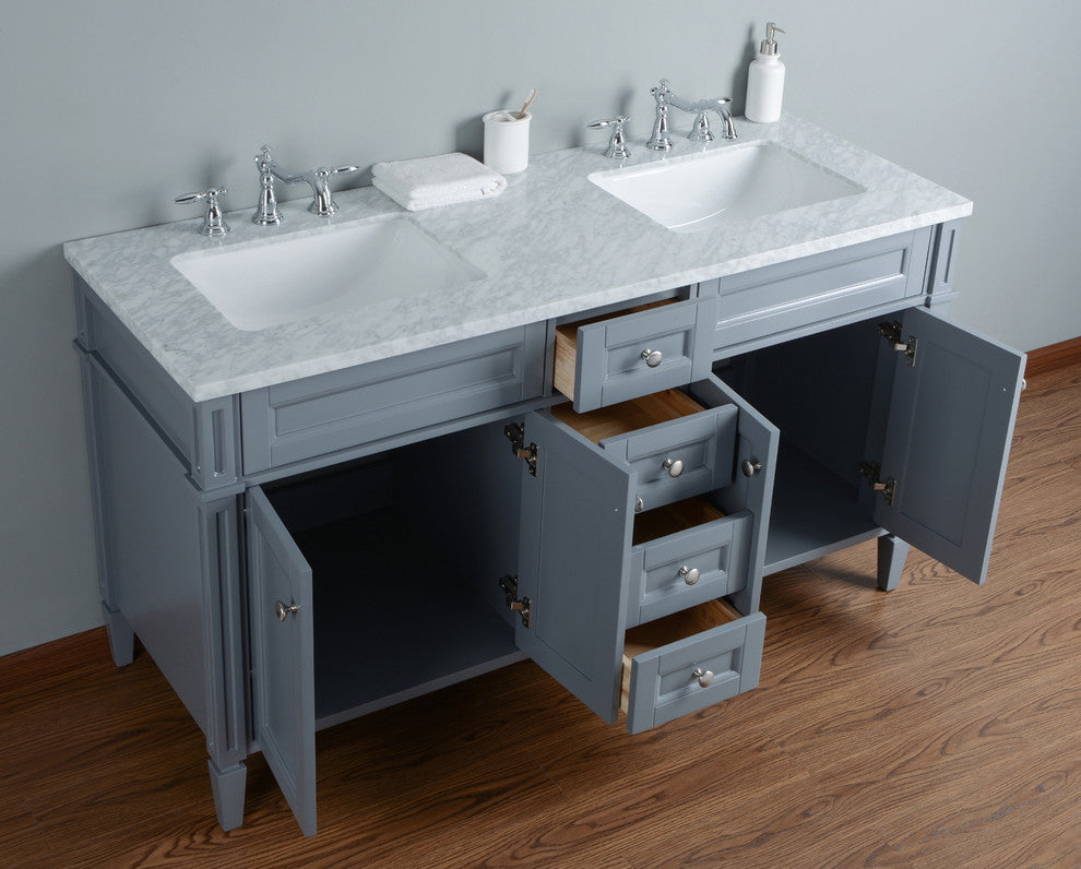 Stufurhome Anastasia French Bathroom Vanity, Gray, 60" Double Sink