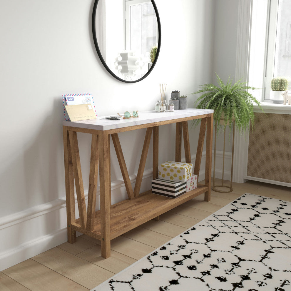 Charlotte Modern 2-Tier Farmhouse Console Accent Table, Warm Oak/Marble