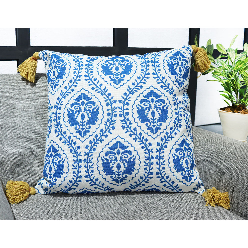 Blue & White Machine Woven with Tassels Woodrow Throw Pillow, 20" x 20"