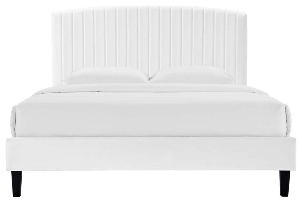 Platform Bed Frame, King Size, White, Velvet, Modern, Bedroom Guest Suite