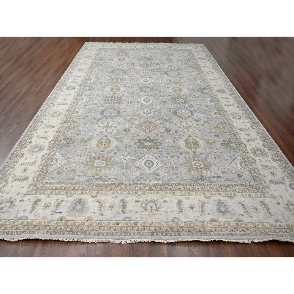 Lavender Gray With Ivory Hand Knotted Karajeh Design Wool Rug 12'2"x17'11"