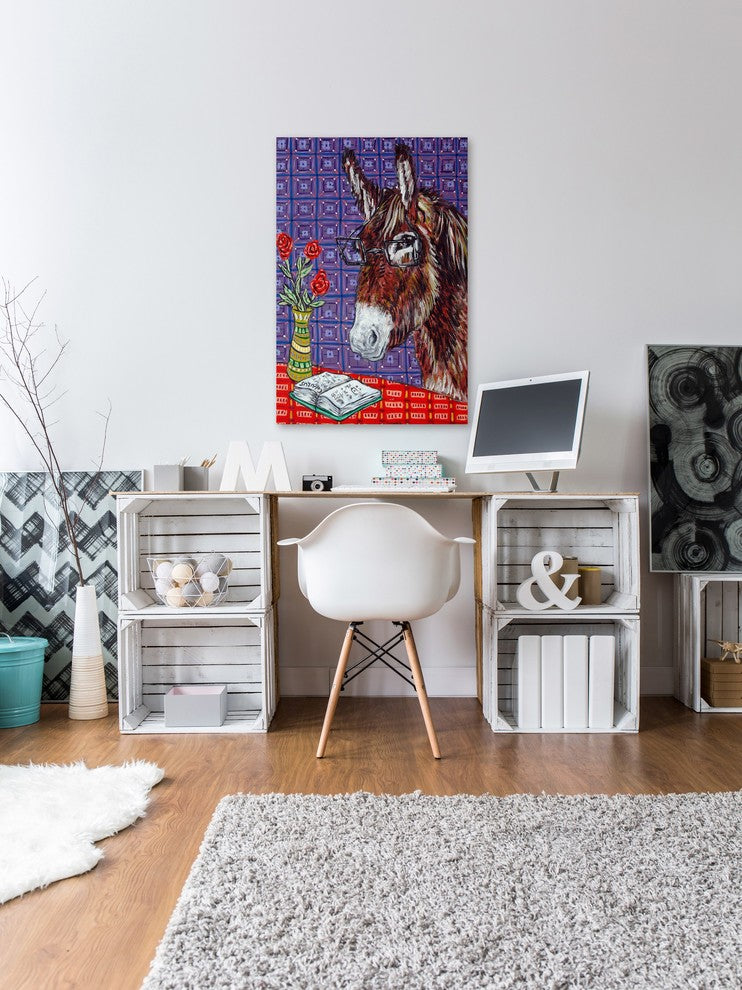"Donkey Reading" Painting Print on Wrapped Canvas, 16"x24"