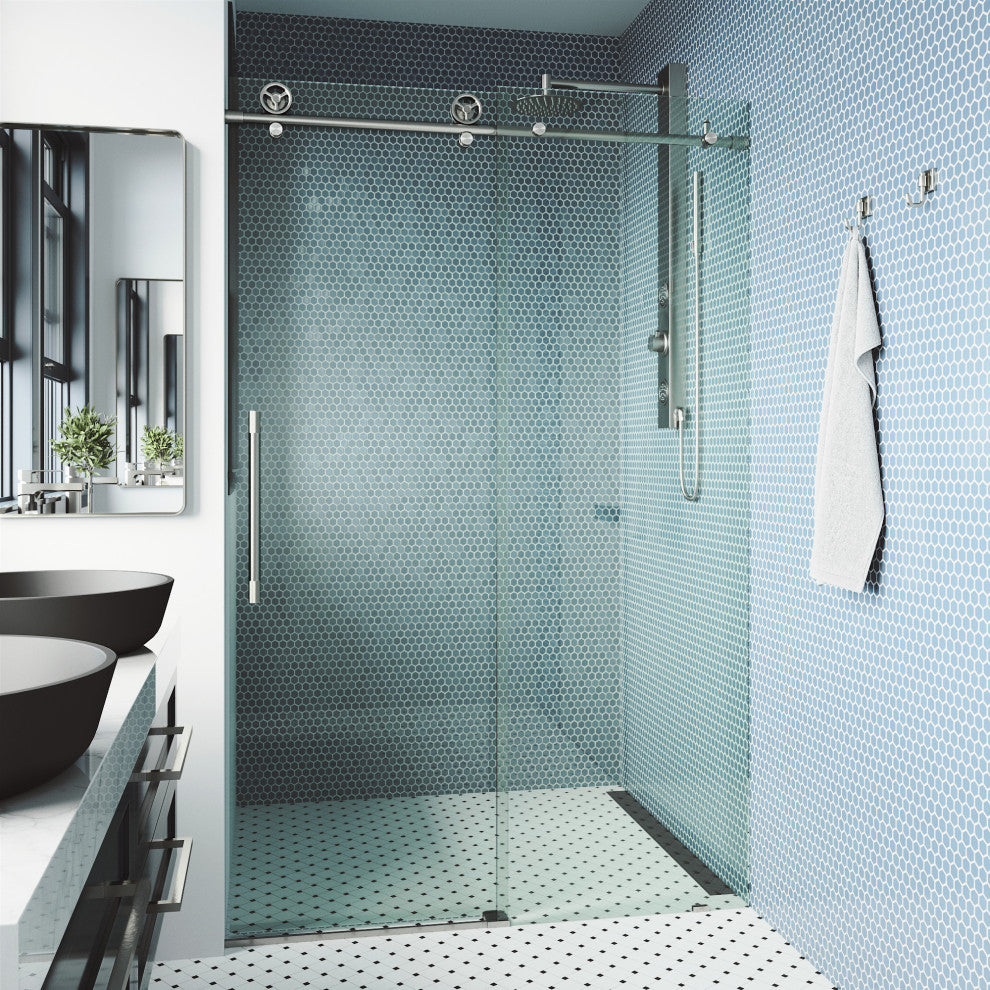 VIGO Elan Cass Aerodynamic 60" to 64" W x 76" H Frameless Sliding Shower Door, Stainless Steel, Clear Glass
