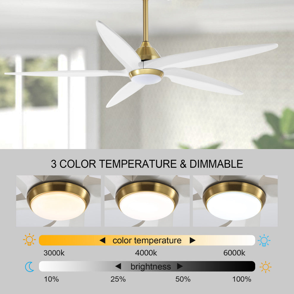 54" Solid Wood 5-Blade LED Ceiling Fan with Remote Control and Light Kit, Gold/White